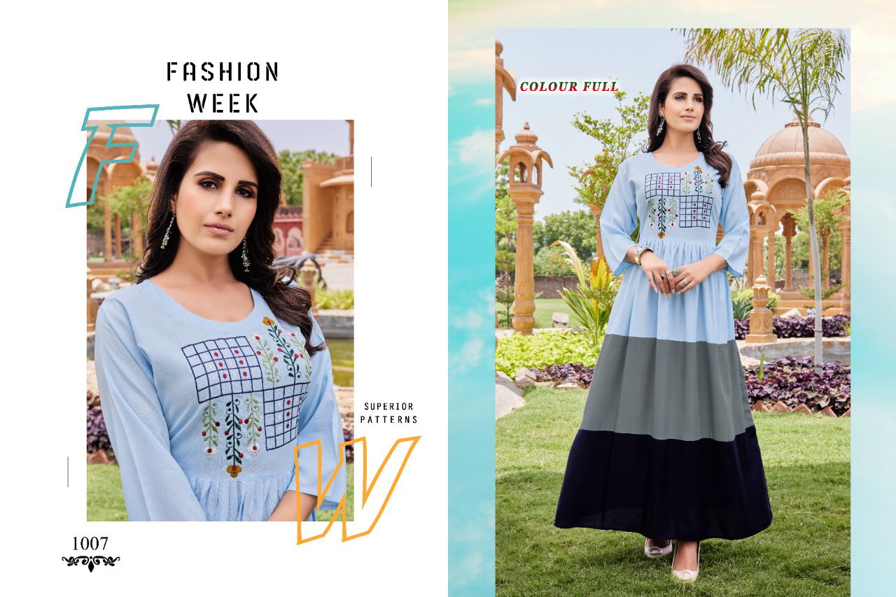 Colour Full 1001 Fancy Party Wear Rayon Long Anarkali Kurti Collection